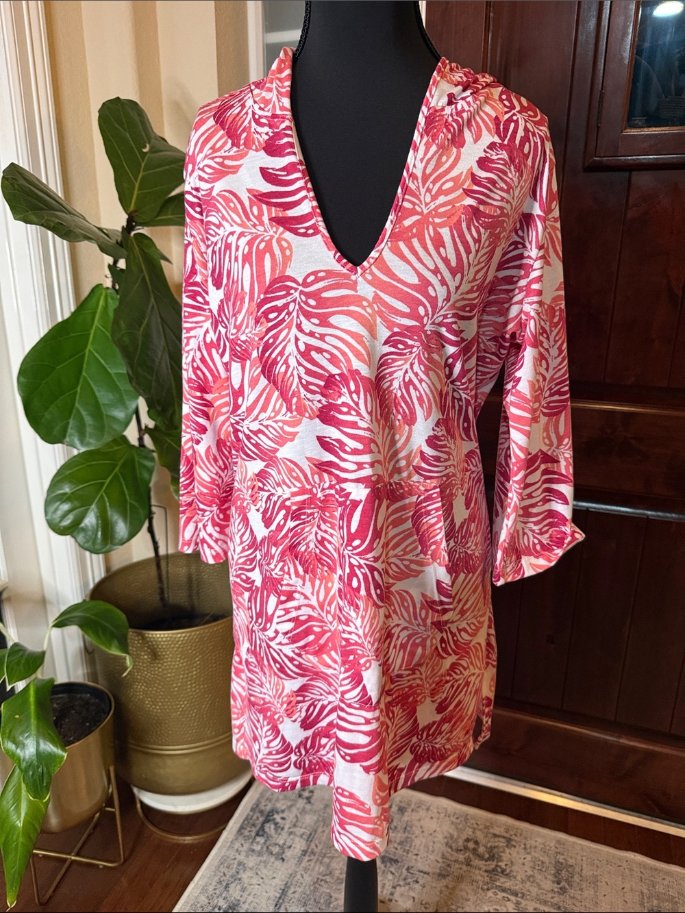 Portocruz Women’s Pink Leaf-Print Swim Cover-Up Tunic Size S